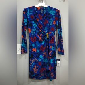 Chap’s Women’s Petite Blue-Floral Midi Dress 6P - New - Stretch - faux wrap